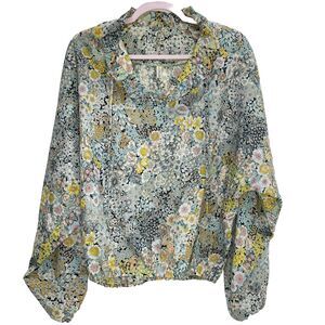 Saks Fifth Ave Dottie Graham Vintage Ruffle Collar Floral Blouse Top Tie L